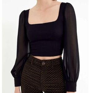 Urban Outfitters Lena Sheer Puff Sleeve Square Neck Cropped Blouse Black XS